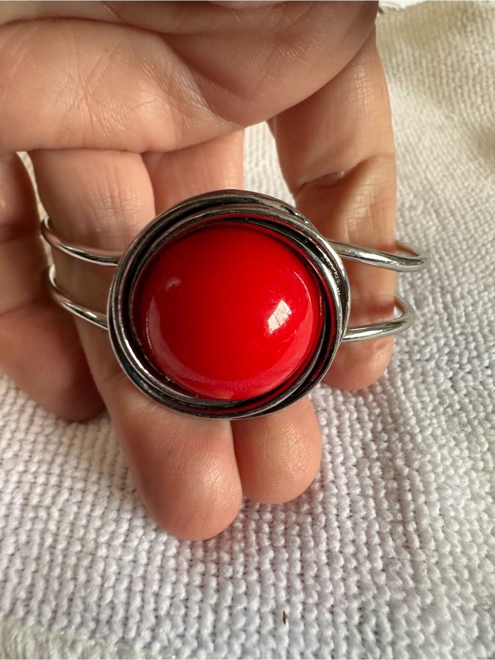 Unk Bright Red Dome Stone Silver-Tone Triple Band Cuff Bracelet - Women Jewelry